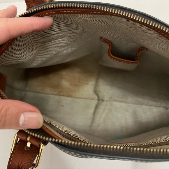 Dooney & Bourke Pebbled Leather Vintage Medium Handbag Blue Tan Designer Retro - Picture 14 of 14